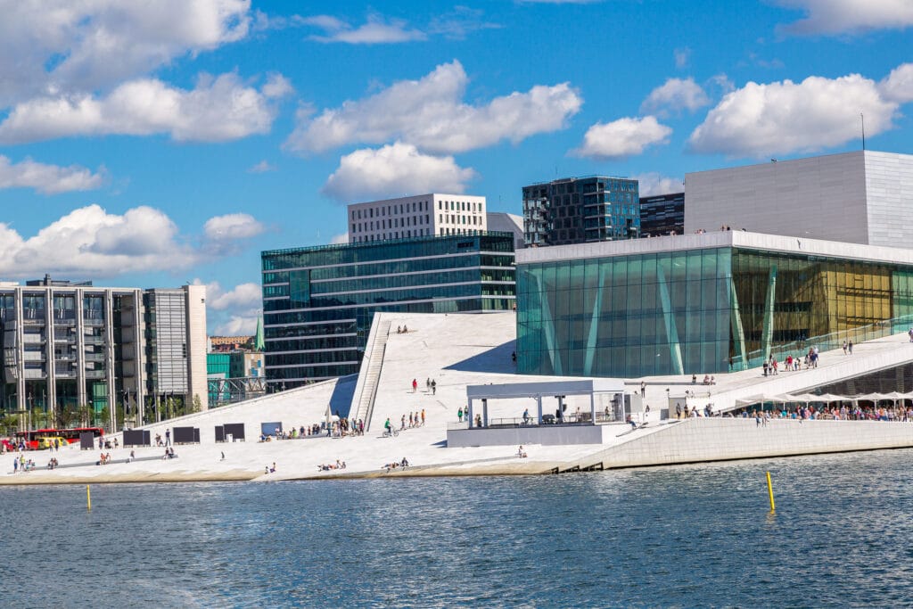 Modern waterfront opera house with glass façade