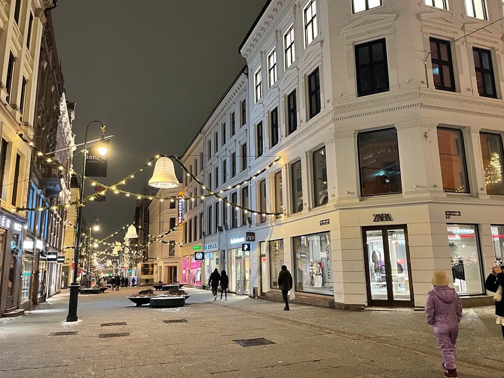 City street with festive lights and shoppers at night